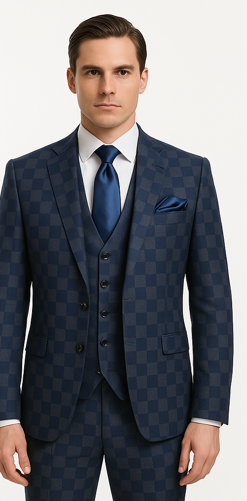 Rossi Man MAX Collection RM1838 ?? Modern Slim Fit 3-Piece Navy Check Suit for Men