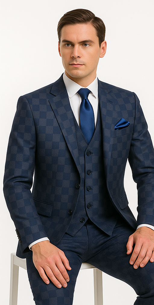 Rossi Man MAX Collection RM1838 ?? Modern Slim Fit 3-Piece Navy Check Suit for Men