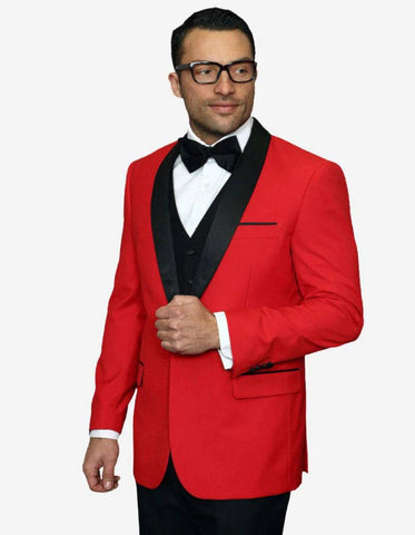 Statement Men's Red with Black Lapel Vested 100% Wool Tuxedo