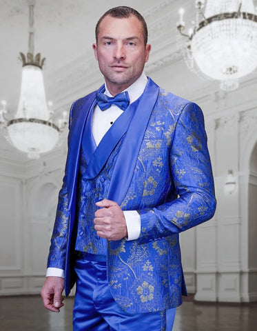 Statement Men's Royal Blue Patterned Vested Tuxedo with Bowtie