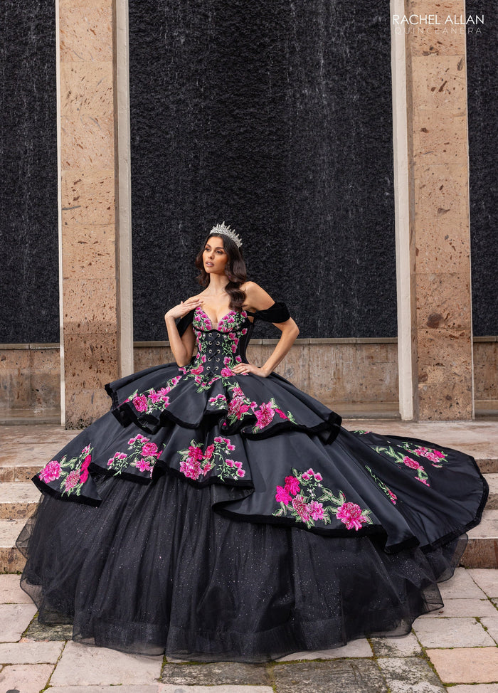 Floral Embroidery Quinceañera Dress with Detachable Corset Overlay by Rachel Allan RQ5016