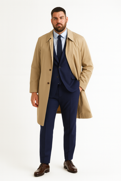 Mens Beige Trench Coat  Classic Long Overcoat with Button Front - Raincoat in Khaki Color