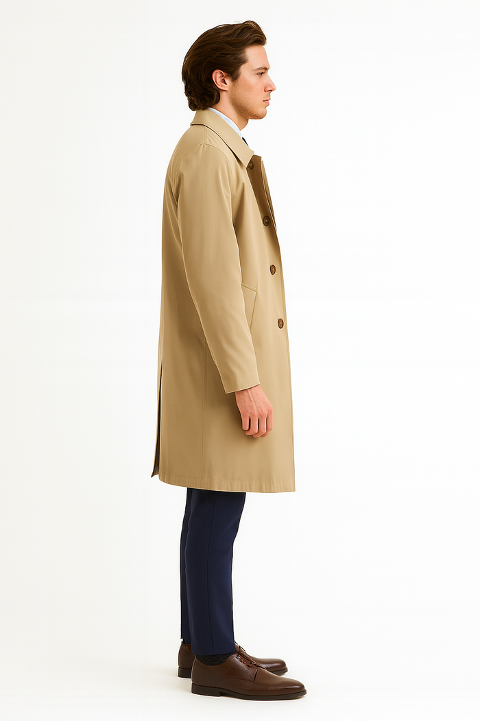 Mens Beige Trench Coat  Classic Long Overcoat with Button Front - Raincoat in Khaki Color