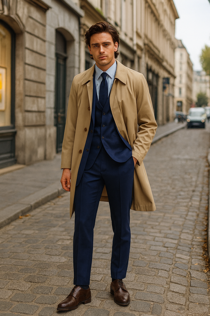 Mens Beige Trench Coat  Classic Long Overcoat with Button Front - Raincoat in Khaki Color