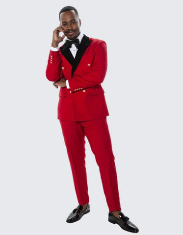 Red Double Breasted Tuxedo with Velvet Peak Lapel - Wedding - Prom