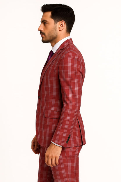 Mens Red Plaid Three-Piece Suit  Bold Checkered Pattern with Vest and Matching Pants