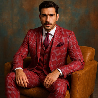 Mens Red Plaid Three-Piece Suit  Bold Checkered Pattern with Vest and Matching Pants