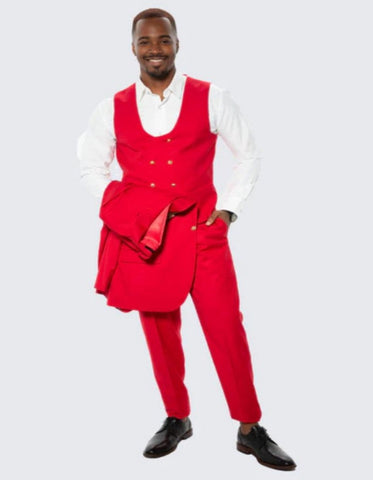 Red Skinny Fit Suit Three Piece Set with Double Breasted Vest - Wedding - Prom