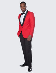 Red Tuxedo Jacket with Black Center Vent Satin Shawl Lapel Slim Fit - Wedding - Prom