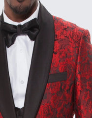 Red Tuxedo with Floral Design One Button Four Piece Set - Wedding - Prom