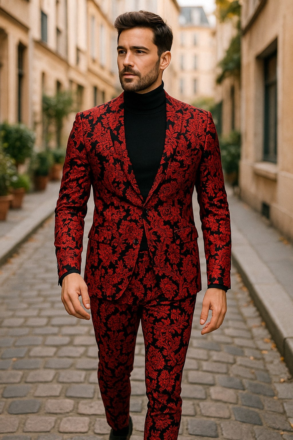 Mens Red and Black Floral Brocade Tuxedo Suit  Two Piece Slim Fit Set