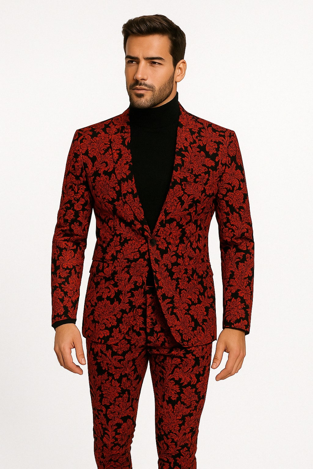 Mens Red and Black Floral Brocade Tuxedo Suit  Two Piece Slim Fit Set