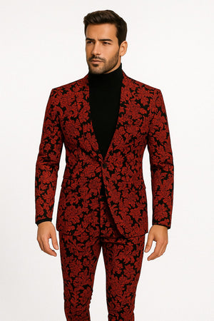 Mens Red and Black Floral Brocade Tuxedo Suit  Two Piece Slim Fit Set
