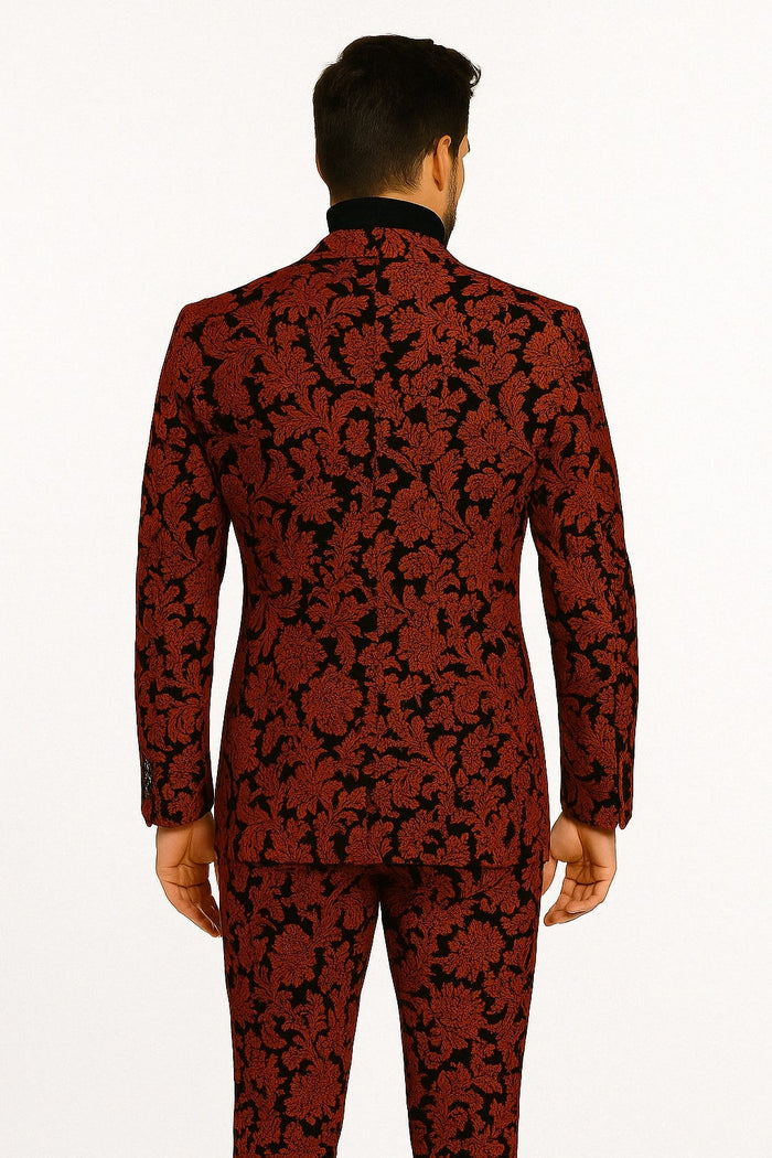 Mens Red and Black Floral Brocade Tuxedo Suit  Two Piece Slim Fit Set