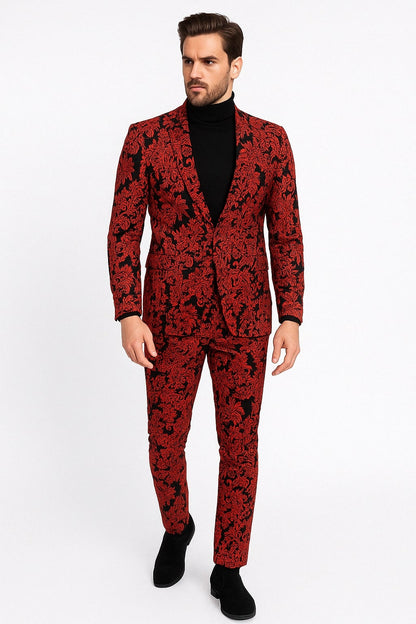 Mens Red and Black Floral Tuxedo Suit  Slim Fit 2 Piece Embroidered Outfit for Weddings, Prom, and Formal Events