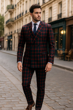 Mens Red and Black Plaid Double-Breasted Suit  Slim Fit Checkered 2 Piece Formal Business Outfit