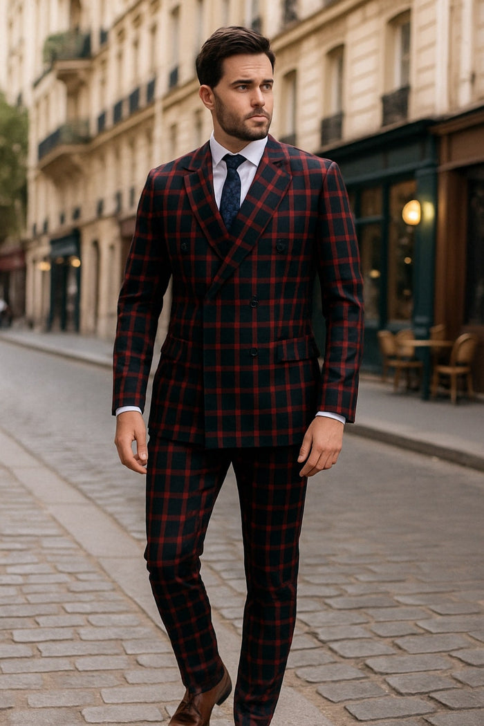 Mens Red and Black Plaid Double-Breasted Suit  Slim Fit Checkered 2 Piece Formal Business Outfit