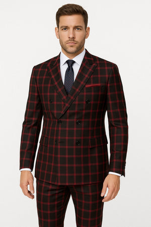 Mens Red and Black Plaid Double-Breasted Suit  Slim Fit Checkered 2 Piece Formal Business Outfit
