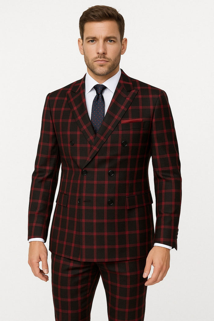 Mens Red and Black Plaid Double-Breasted Suit  Slim Fit Checkered 2 Piece Formal Business Outfit