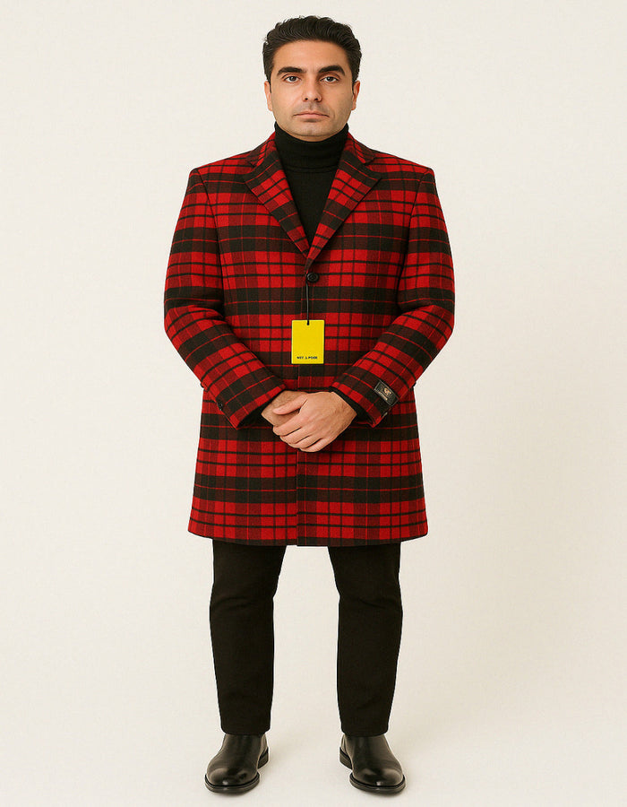 Mens Red and Black Plaid Wool Overcoat  Three Quarter Carcoat - Christmas Coat - Red Peacoat