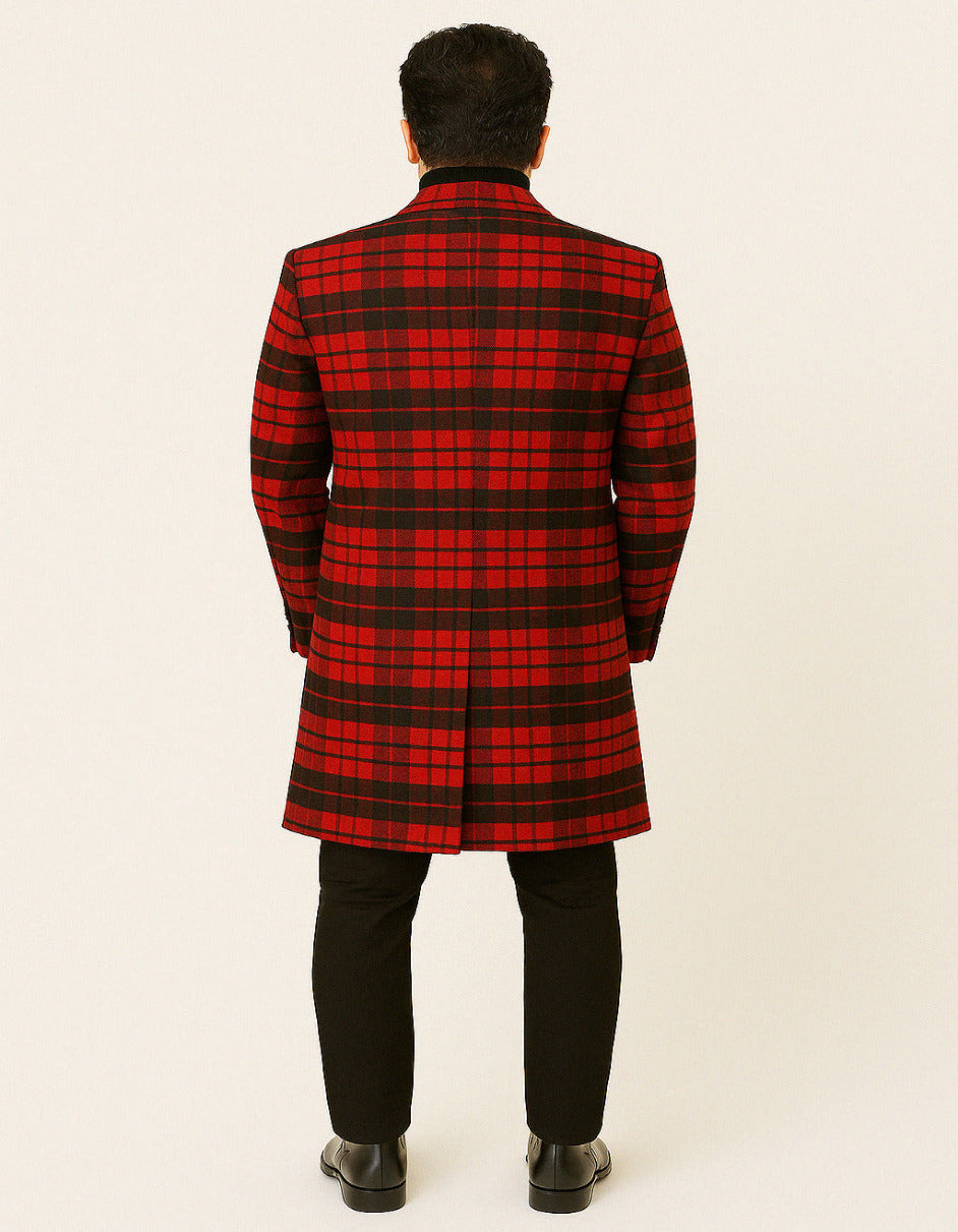 Mens Red and Black Plaid Wool Overcoat  Three Quarter Carcoat - Christmas Coat - Red Peacoat