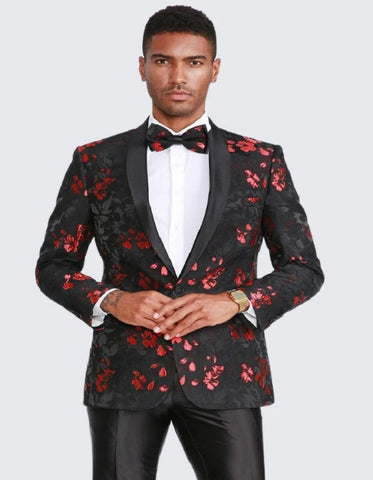 Red and Black Tuxedo Jacket One Button Floral Pattern Slim Fit - Wedding - Prom