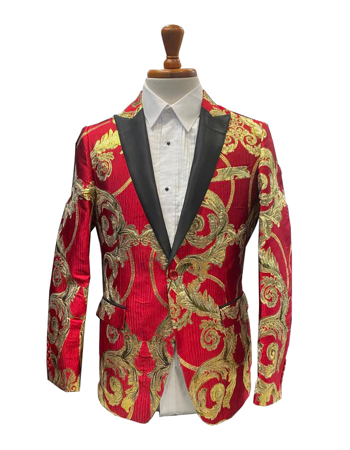 Mens Red and Gold Embroidered Tuxedo Blazer  Baroque Style One Button Dinner Jacket with Black Satin Lapel