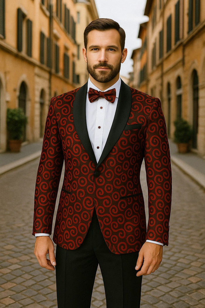 Red and Tuxedo Black Suit  Mens Formal Blazer with Satin Shawl Lapel