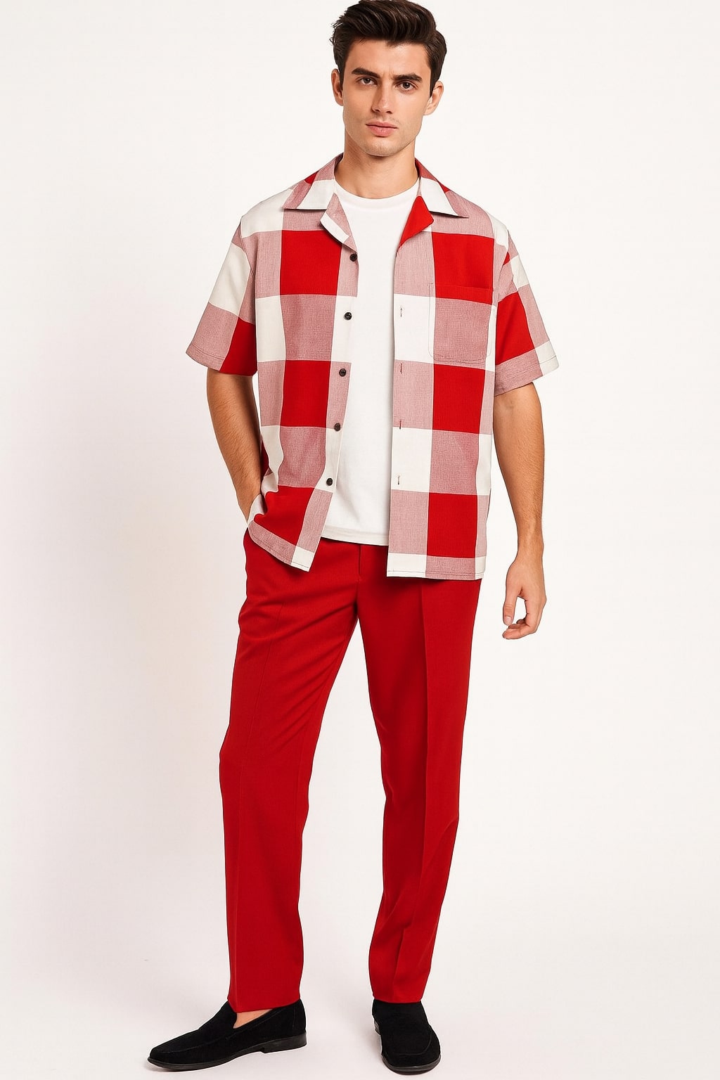 Mens Red and White Checkered Short Sleeve Shirt Set  Casual Two-Piece Summer Outfit