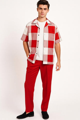 Mens Red and White Checkered Short Sleeve Shirt Set – Casual Two-Piece Summer Outfit