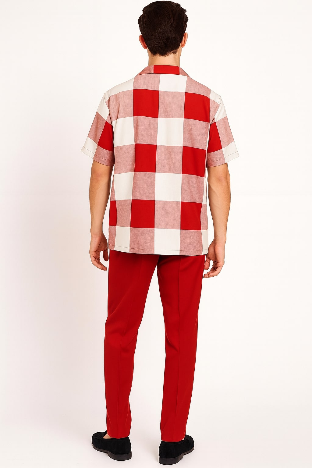 Mens Red and White Checkered Short Sleeve Shirt Set  Casual Two-Piece Summer Outfit