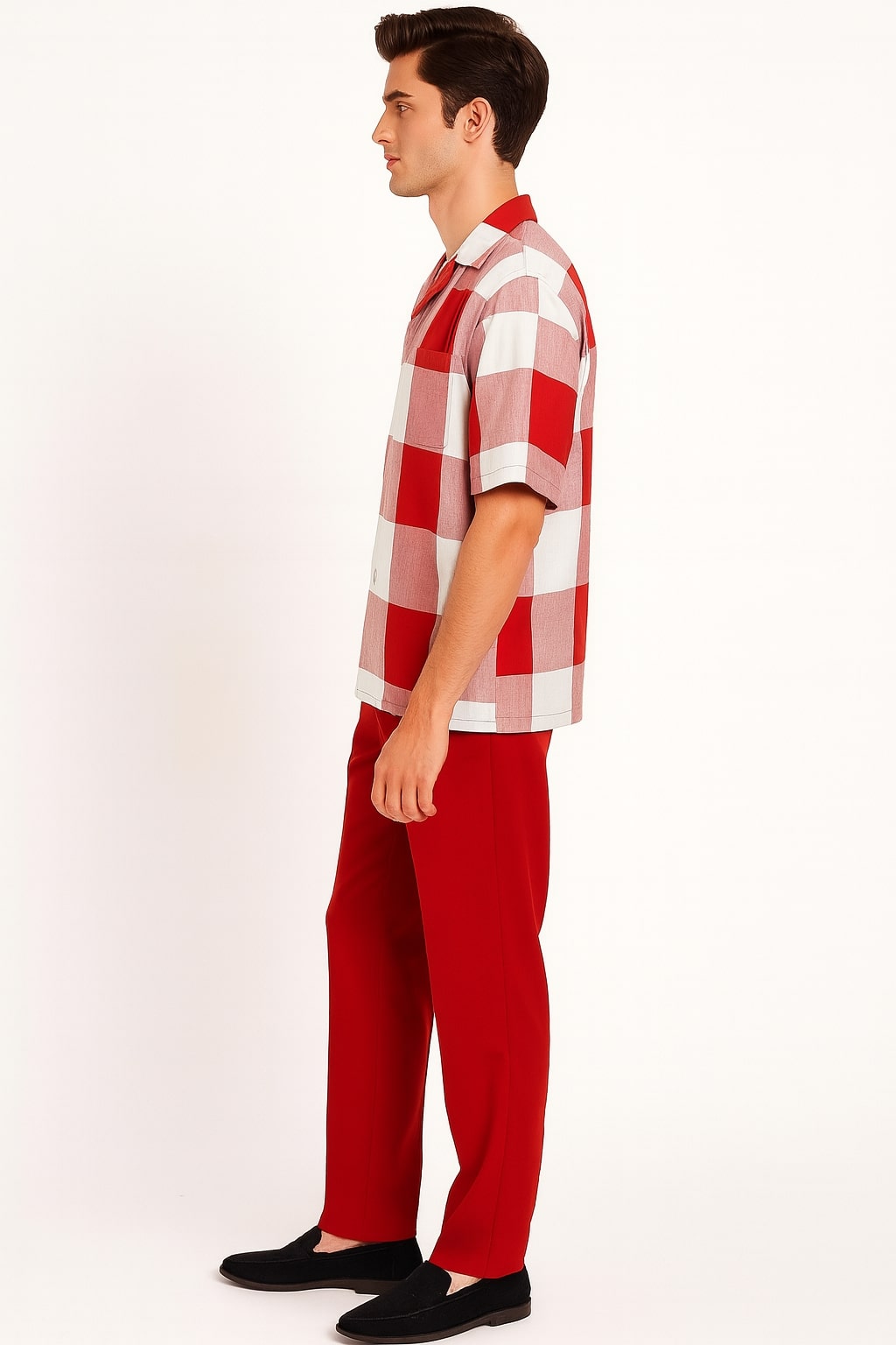 Mens Red and White Checkered Short Sleeve Shirt Set  Casual Two-Piece Summer Outfit