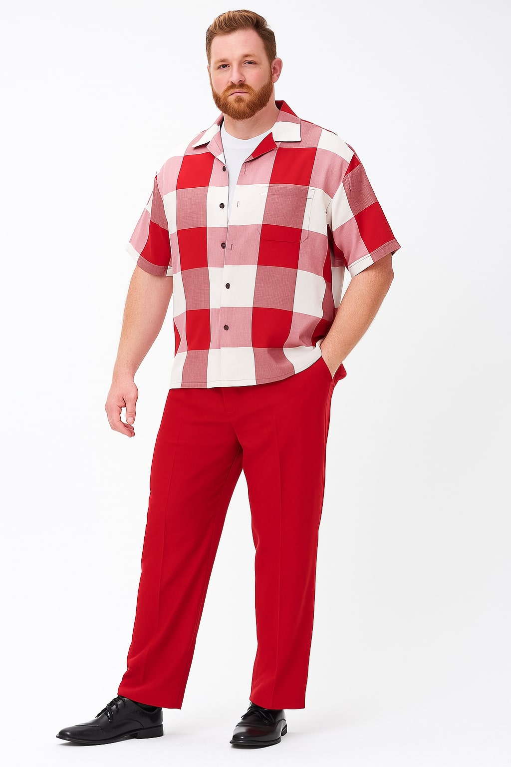 Mens Red and White Checkered Short Sleeve Shirt Set  Casual Two-Piece Summer Outfit