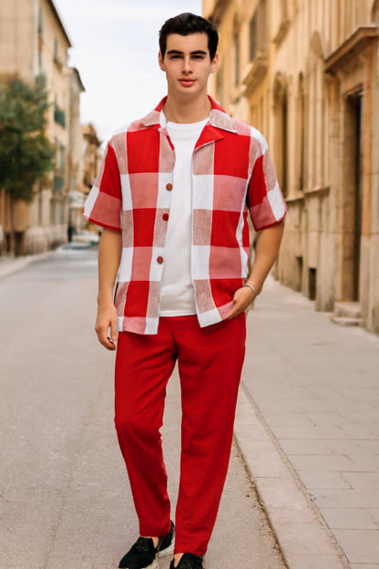 Mens Red and White Checkered Short Sleeve Shirt Set  Casual Two-Piece Summer Outfit
