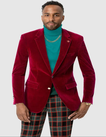 Mens Two Button Modern Fit Velvet Red Blazer