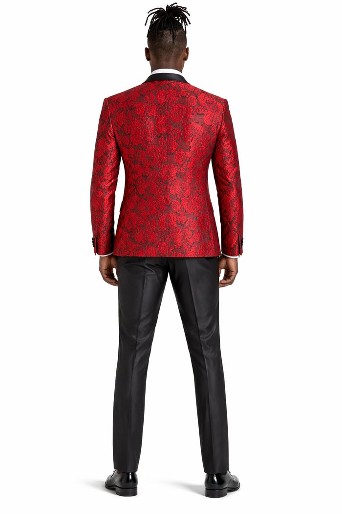 Men's One Button Slim Fit Shiny Paisely Floral Vested  Prom Tuxedo In Red