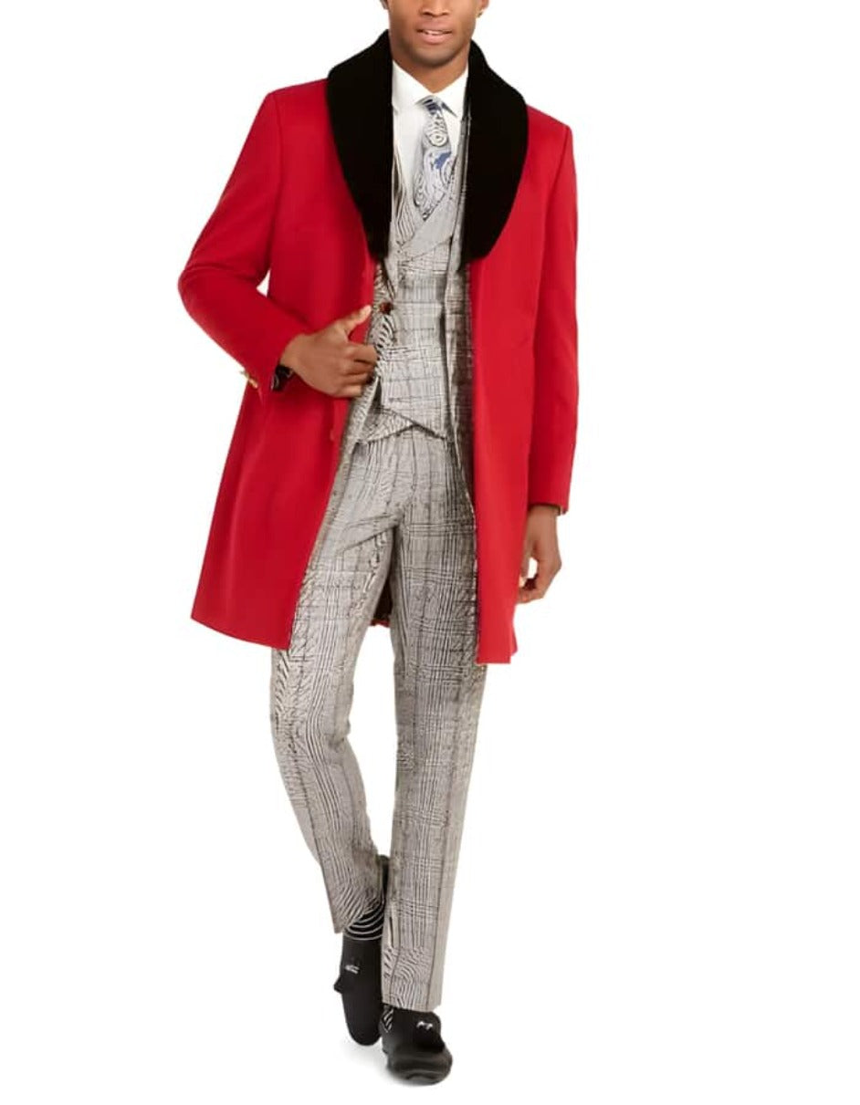 Mens Overcoat - Topcoat For Men - Winter Fabric - Men's Two Front Slash Pockets Fully Lined Faux-Fur Trim Overcoat - Men's Tuxedo USA