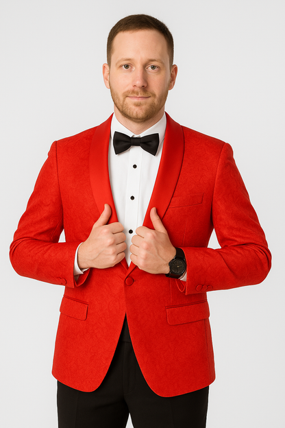 Red Paisley Tuxedo Jacket One Button Slim Fit - Wedding - Prom