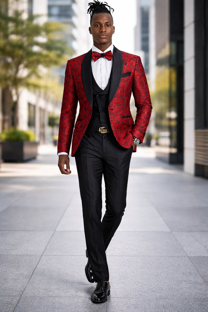 Men's One Button Slim Fit Shiny Paisely Floral Vested  Prom Tuxedo In Red