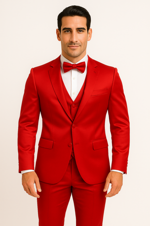 Red Color Sateen Shiny Metallic Vested 3 Piece Suit
