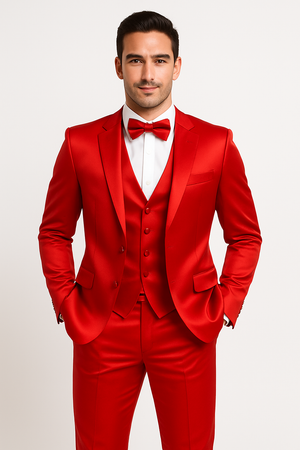 Red Color Sateen Shiny Metallic Vested 3 Piece Suit