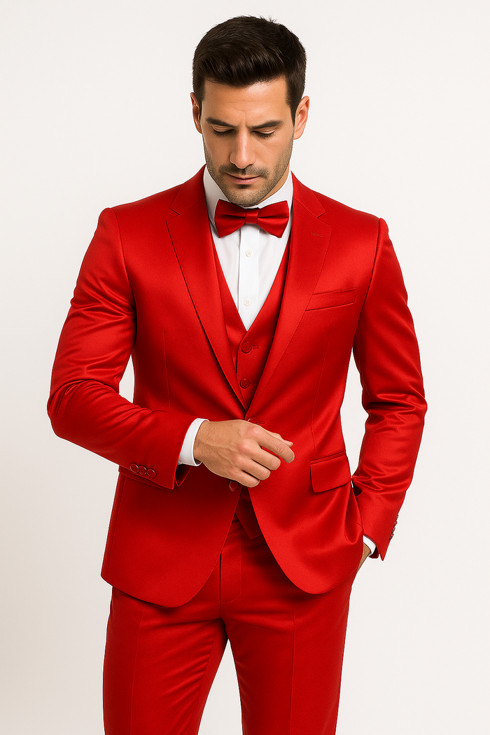 Red Color Sateen Shiny Metallic Vested 3 Piece Suit