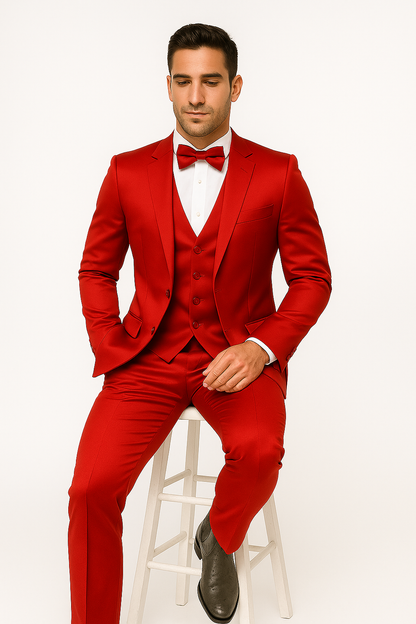 Red Color Sateen Shiny Metallic Vested 3 Piece Suit