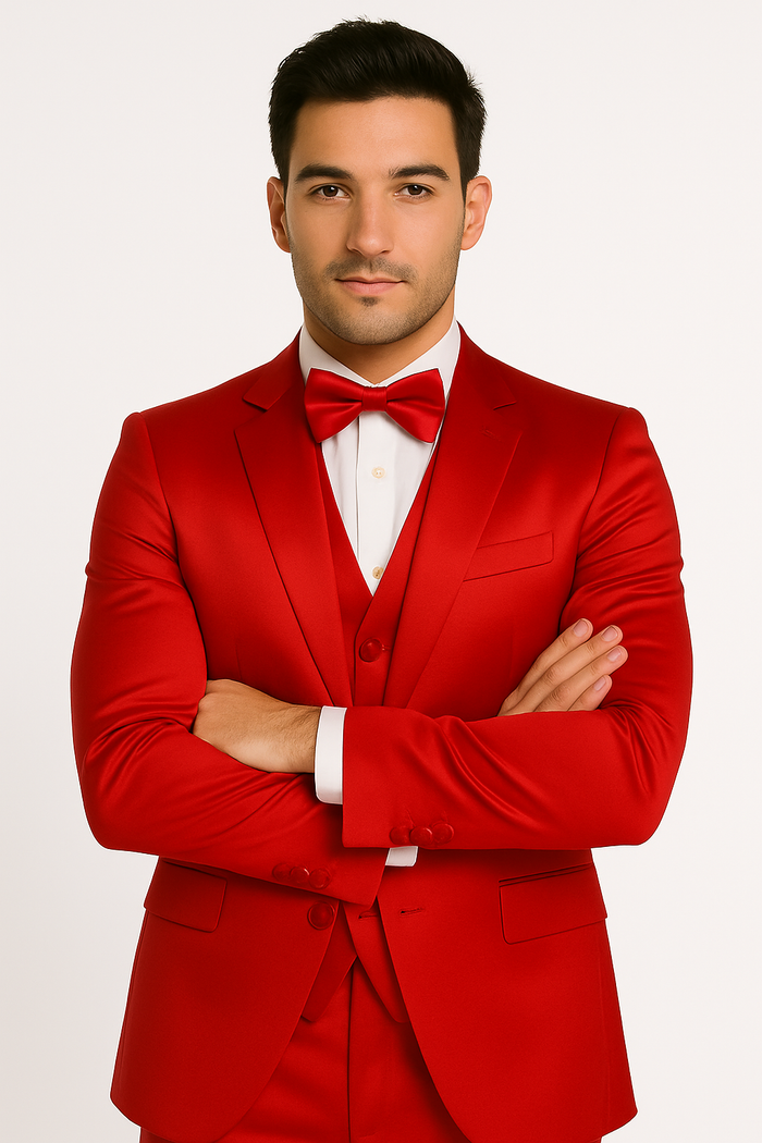 Red Color Sateen Shiny Metallic Vested 3 Piece Suit