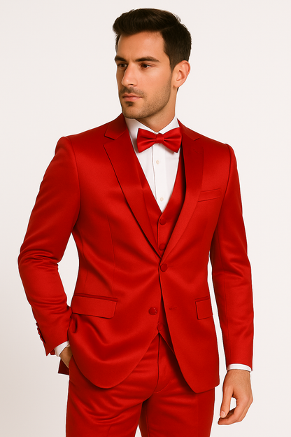Red Color Sateen Shiny Metallic Vested 3 Piece Suit