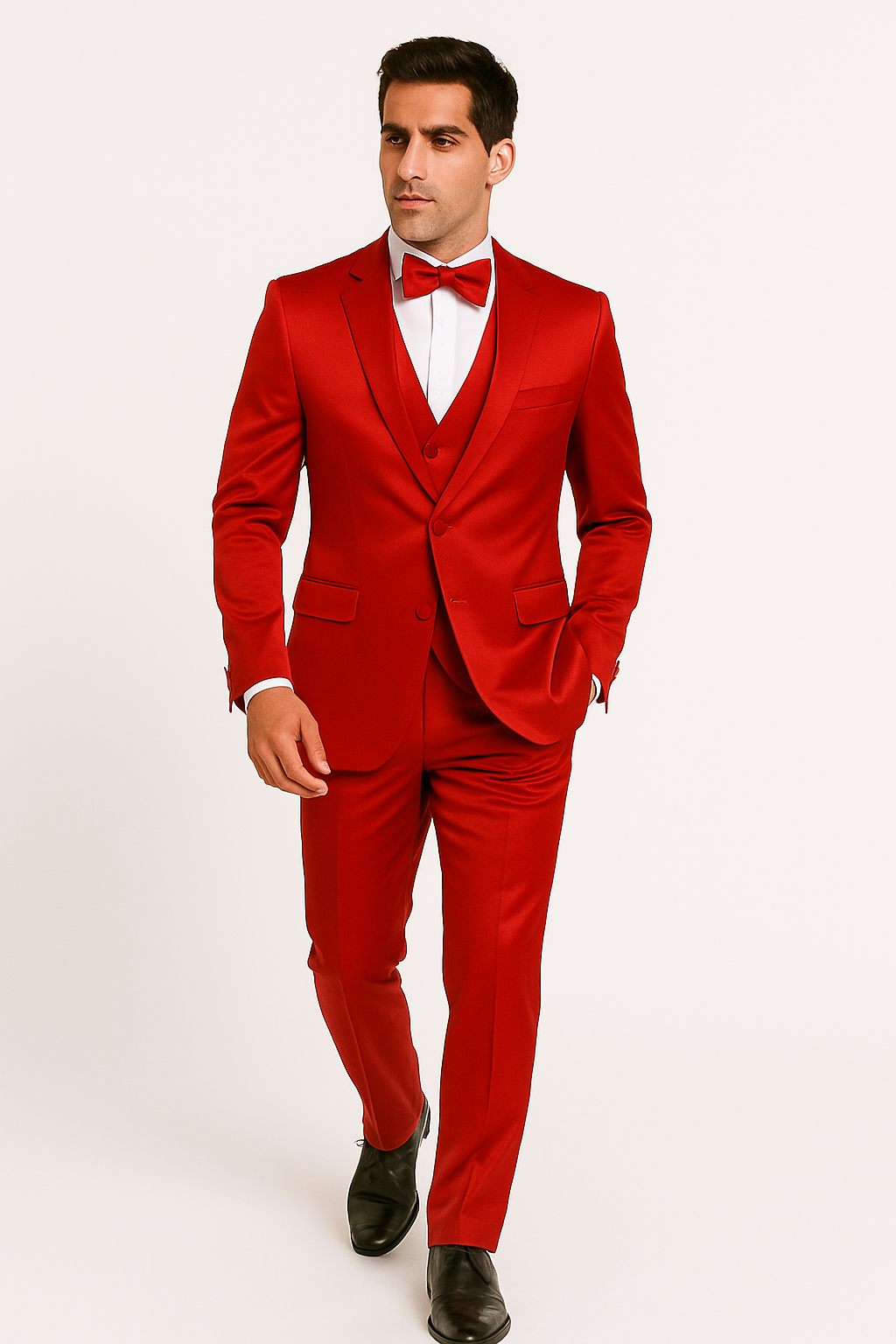 Red Color Sateen Shiny Metallic Vested 3 Piece Suit