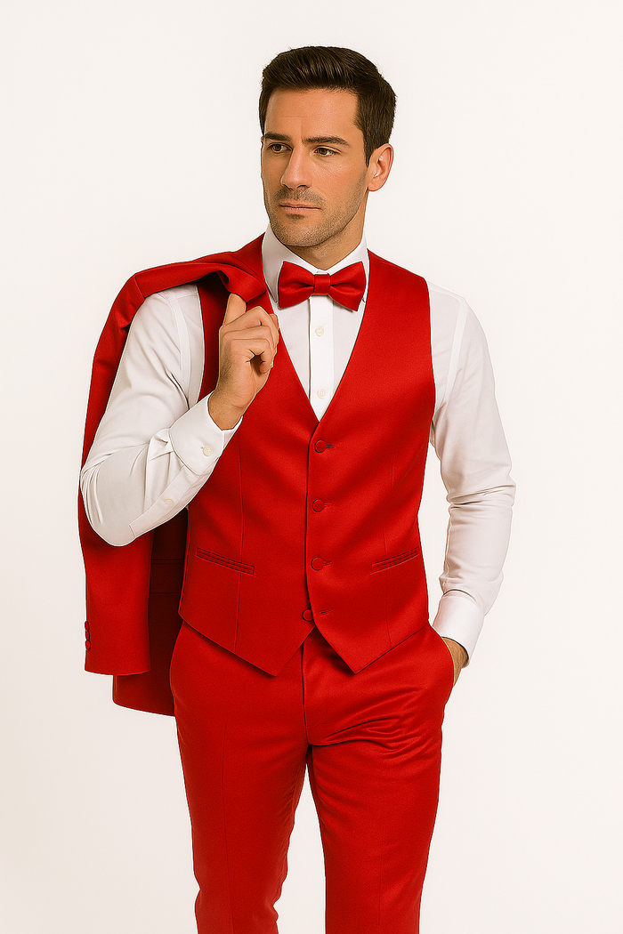 Red Color Sateen Shiny Metallic Vested 3 Piece Suit