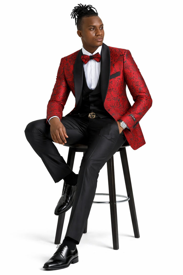 Men's One Button Slim Fit Shiny Paisely Floral Vested  Prom Tuxedo In Red