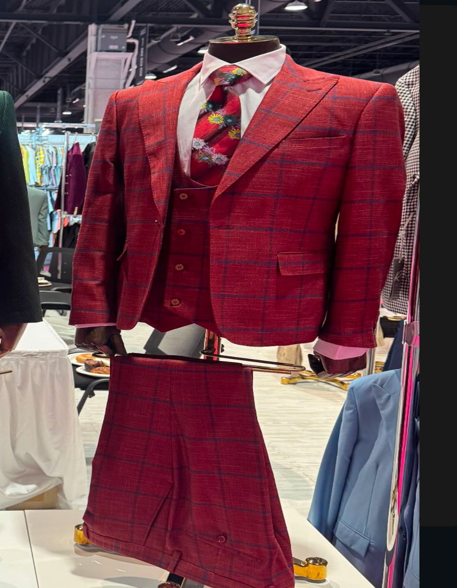Rossiman Suit ?? Red & Blue Plaid Windowpane Double-Breasted Suit for Men