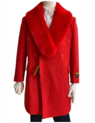 Mens Overcoat - Topcoat For Men - Winter Fabric - Red Mens Overcoat - Double Breasted Peacoat With Fur Collar - Men's Tuxedo USA